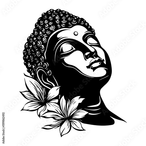 buddha face with lotus flowers, black and white spiritual illustration