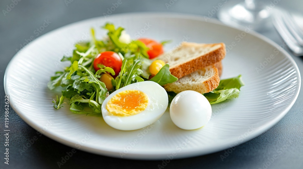 A clean, modern plate featuring a light salad, a boiled egg, and a small slice of toast A clean, modern plate featuring a light salad, a boiled egg, and a small slice of toast
