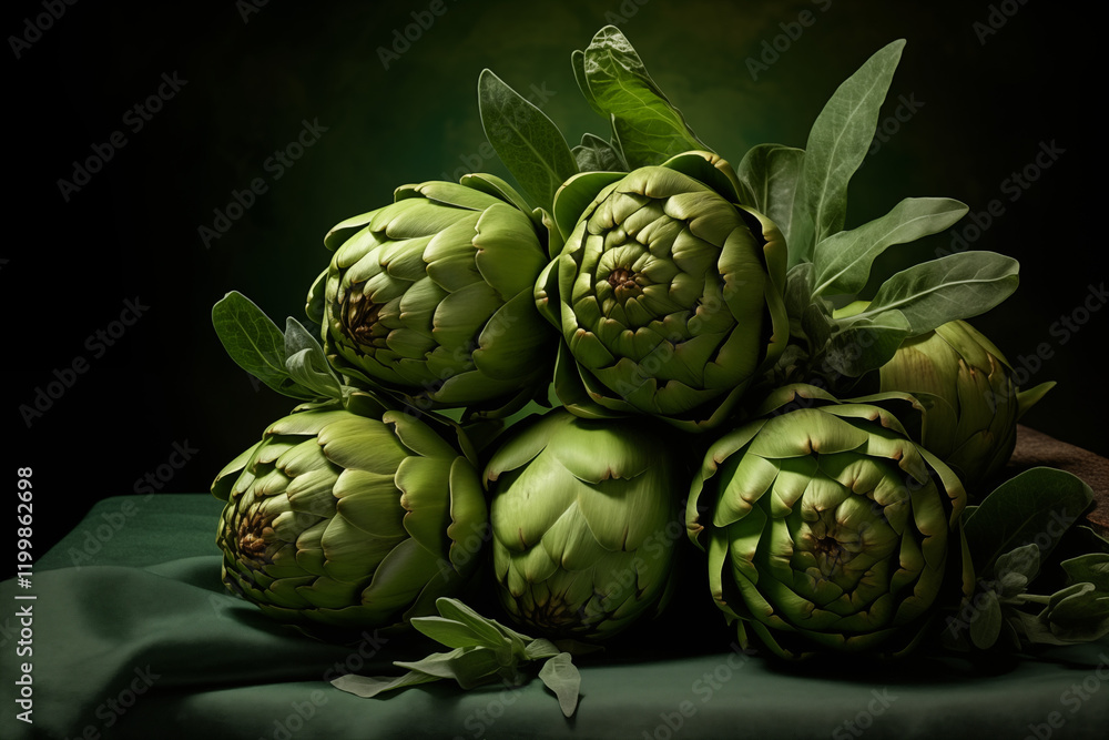 A close up of fresh green artichokes with their natural leaves, arranged artistically on a dark green background. A close up of fresh green artichokes with their natural leaves, arranged artistically on a dark green background.