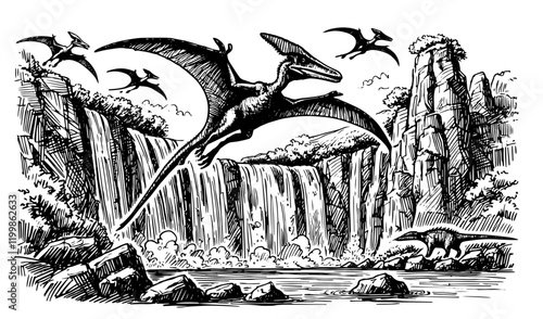 prehistoric pterosaurs flying over a waterfall, black hand-drawn illustration