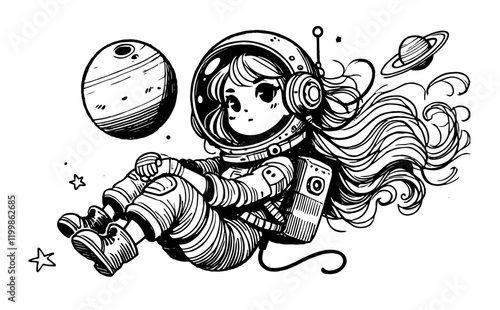 cute girl astronaut floating in space with flowing hair, black hand-drawn illustration