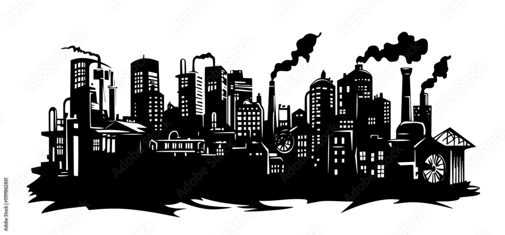 Obraz premium industrial cityscape with factories and smokestacks in vintage silhouette style