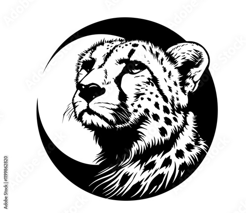 cheetah head in circular composition, black and white silhouette illustration photo