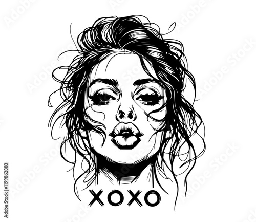 woman blowing a kiss with messy hair, black hand-drawn illustration