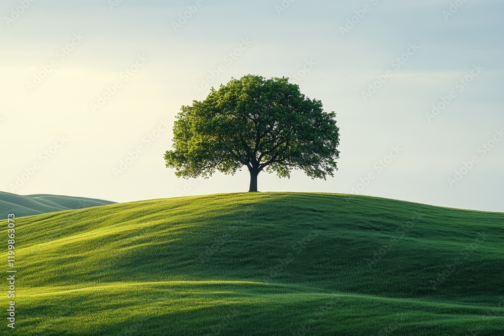 Fototapeta premium Green tree stands alone on hills under a clear sky during a serene morning