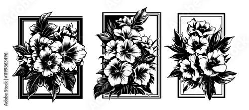 floral illustrations with hibiscus flowers in vintage engraving style