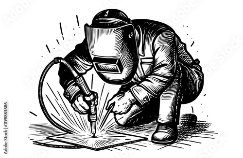 welding worker illustration with vintage engraving style and detailed design