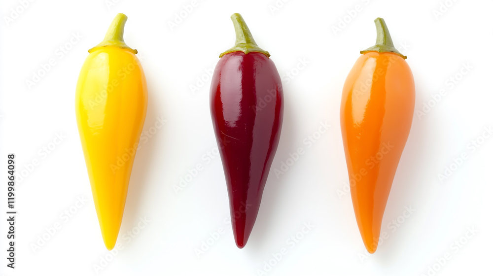 Three colorful mini sweet peppers – red, yellow, and orange – isolated on a clean white background, with a clipping path for easy use in design. Three colorful mini sweet peppers – red, yellow, and orange – isolated on a clean white background, with a clipping path for easy use in design.