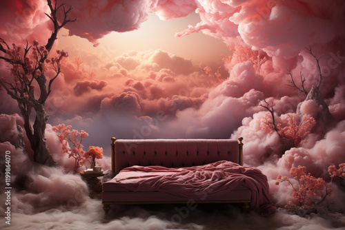 bed among pink clouds.  Generative AI photo