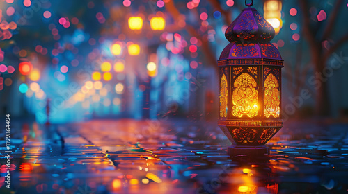 A glowing Ramadan lantern at night, with colorful lights twinkling, casting a festive glow onto the ground bokeh, symbolizing the spirit of Ramadan. photo