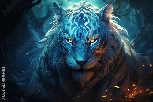 Majestic spiritual white tiger glowing blue lights. ,.  Generative AI photo