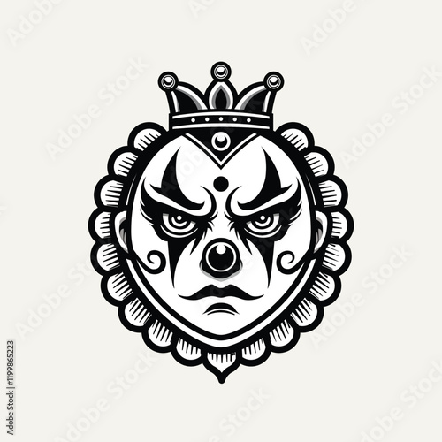 Bold Black and White King Clown Face with Crown- Graphic Art for Circus, Tattoo, and Dark Fantasy Themes