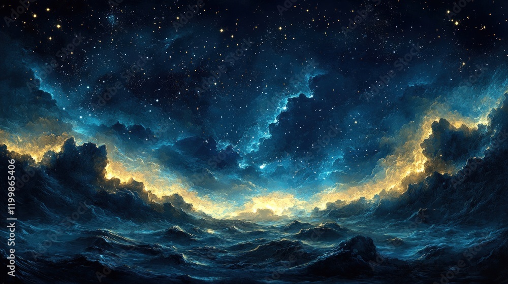Starry sky above a glowing, dark ocean. Starry sky above a glowing, dark ocean.