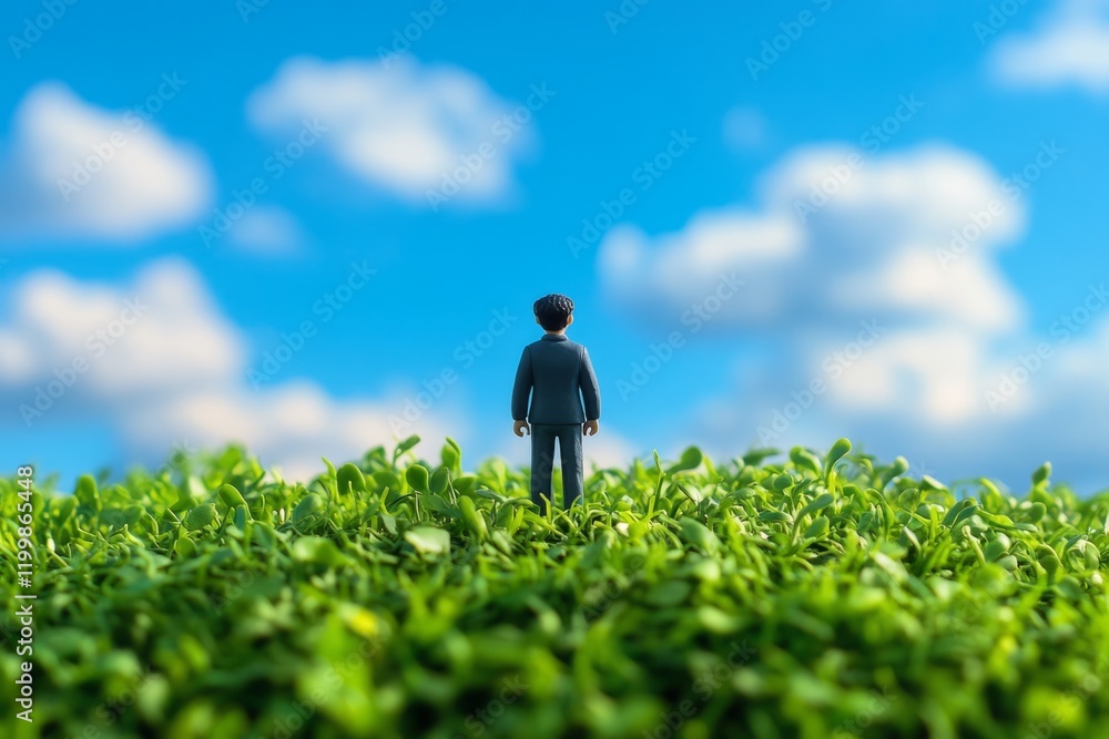 Miniature businessman standing in green field looking at beautiful blue sky with clouds, representing freedom, success, and new opportunities