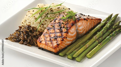 A minimalist plate featuring grilled salmon, steamed asparagus, and wild rice pilaf photo