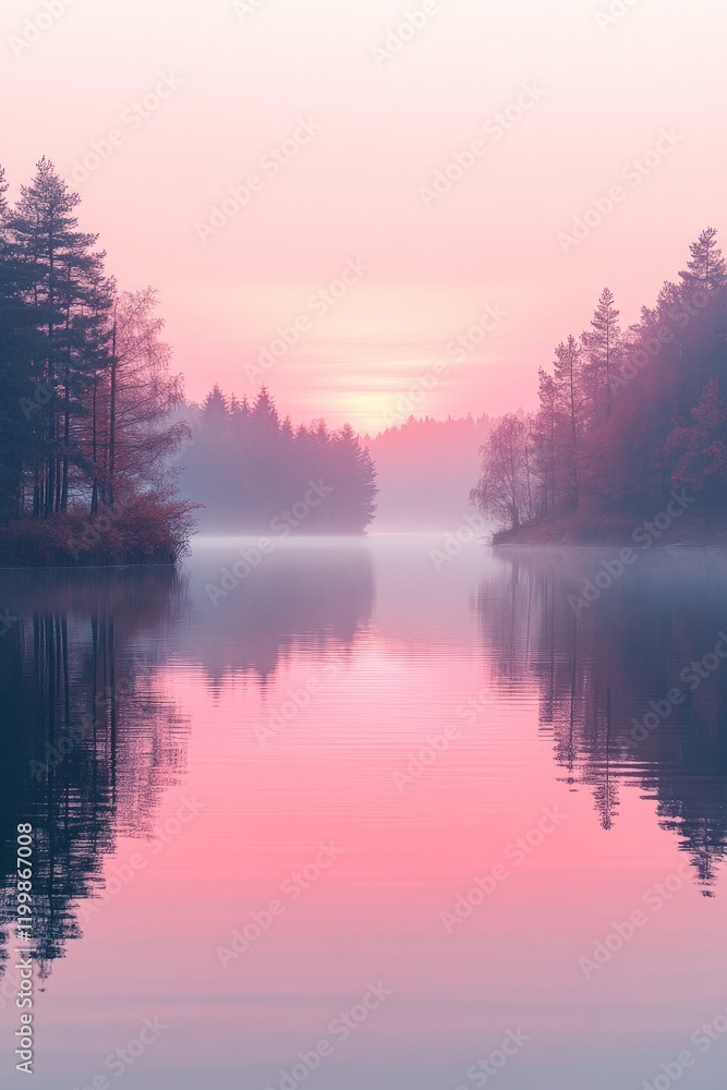Obraz premium Pink sunrise, tranquil lake, mirrored trees.