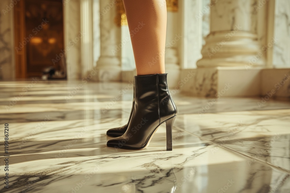 Elegant female legs showcasing fashionable black ankle boots in a luxurious setting