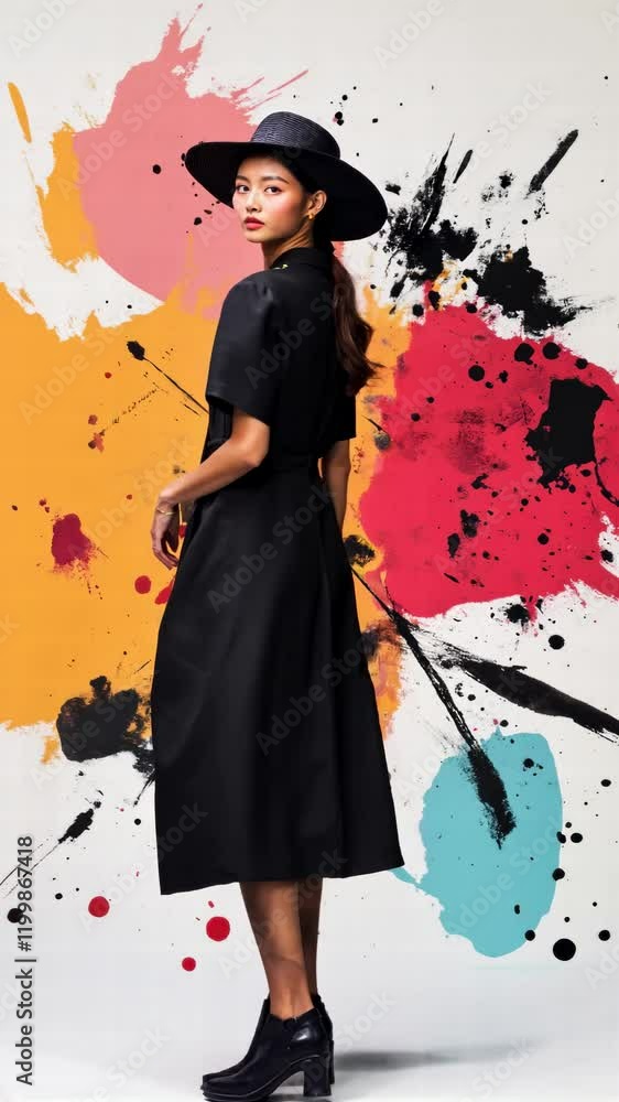 Avant Garde Fashion Model with Abstract Colorful Backdrop and Bold Silhouette