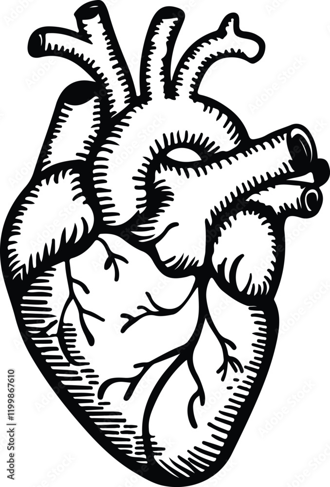 black and white illustration of a human heart. Stock Vector | Adobe Stock