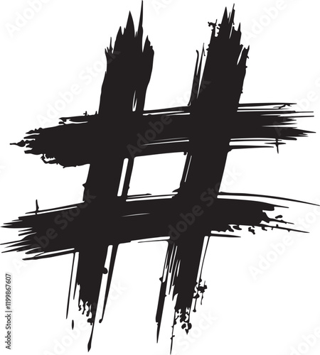 Hand drawn brush stroke dirty art hashtag symbol icon sign isolated on white background. Black and white composition of the symbol hashtag