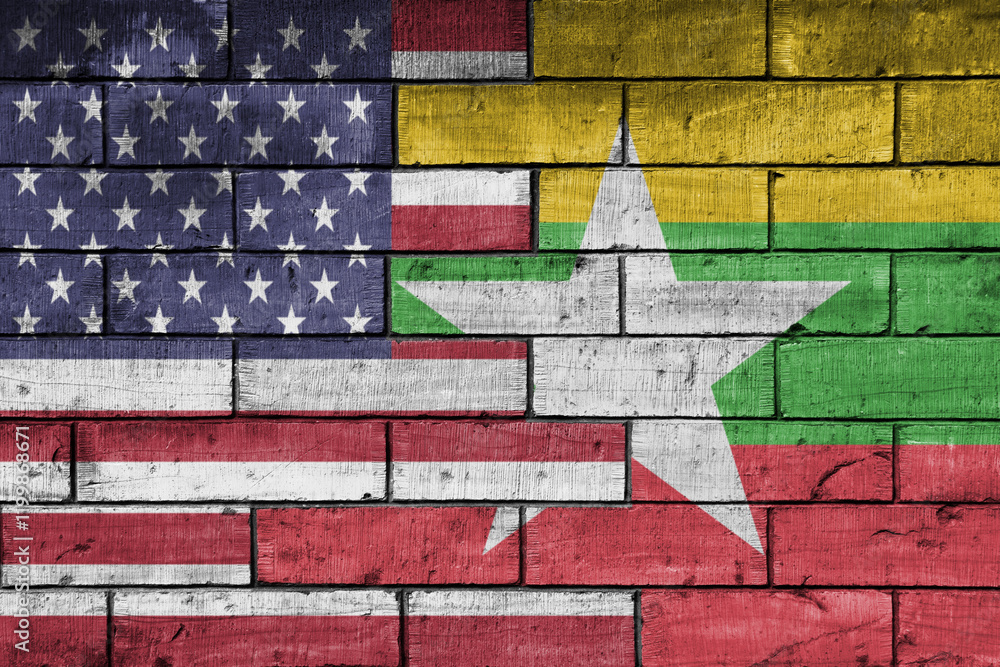 Φωτογραφία colourful painted big flag of united states of america and flag of myanmar on a massive old brick wall background