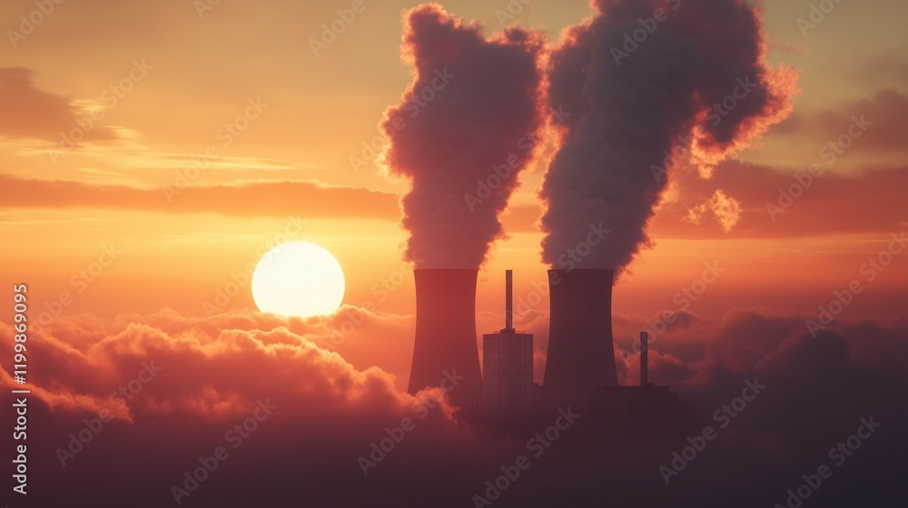Nuclear power plant with two towers emitting smoke against a sunset sky Nuclear power plant with two towers emitting smoke against a sunset sky