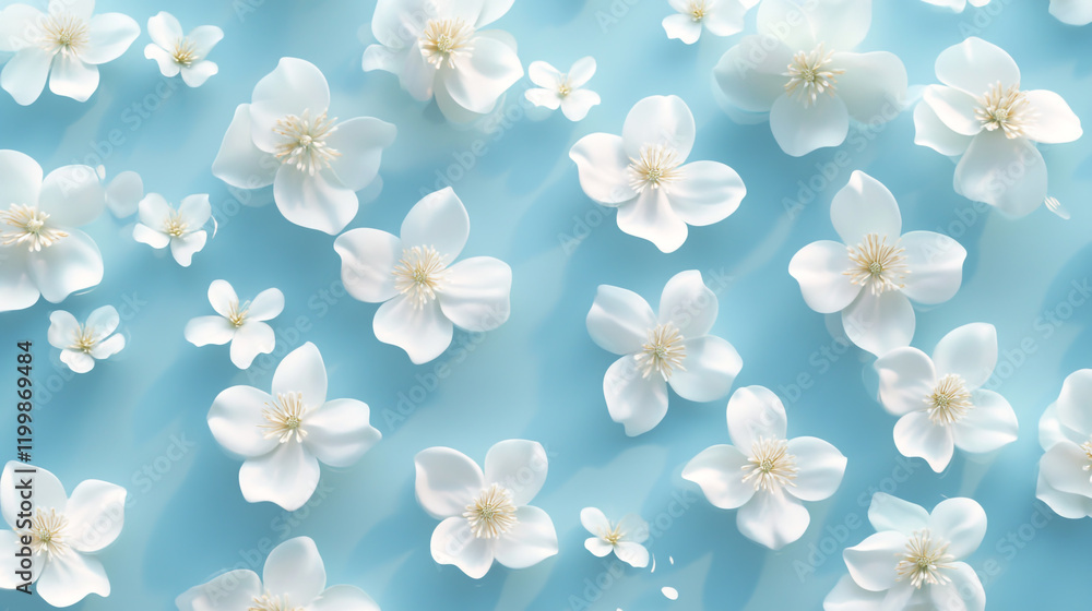 Serene blue background with white flowers isometric view. Serene blue background with white flowers isometric view.