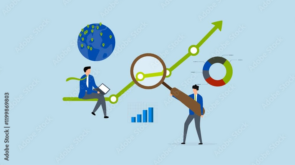 Research and development, 4k animation of business individuals examining with a magnifying glass and a computer. Research and development, 4k animation of business individuals examining with a magnifying glass and a computer.