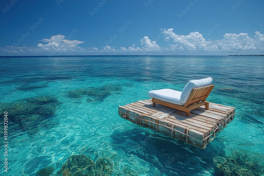 Tranquil ocean chaise lounge, wooden platform. Tranquil ocean chaise lounge, wooden platform.