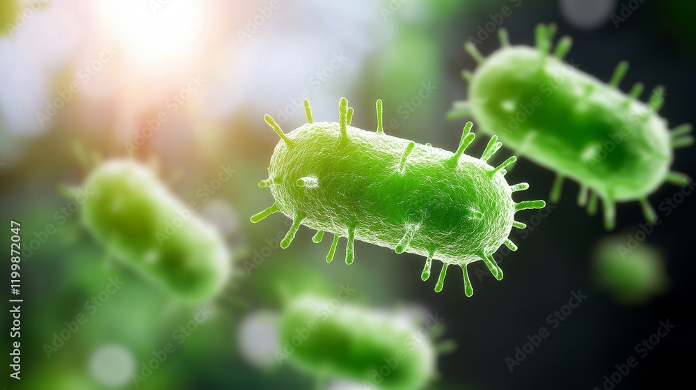 Fototapeta premium virus and antivirus concept. Microorganisms depicted in vibrant green against a blurred background, illustrating microbial life.