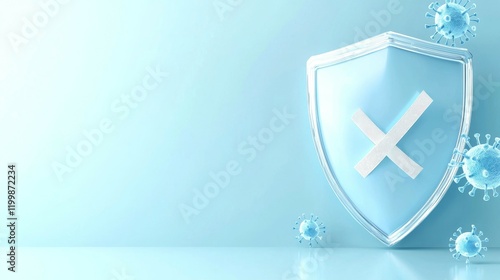 virus and antivirus concept. Shield symbolizing protection against viruses on a light blue background. photo