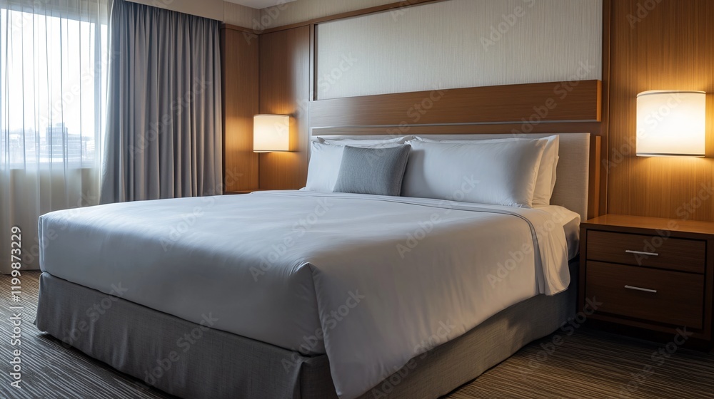 Obraz premium A neatly made bed with crisp white linens, a single gray throw pillow, and a minimalistic nightstand