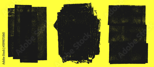 Linocut, relief printing, letterpress rectangle A4 shapes rough textures set, collection. Black linocutting textured backgrounds, text frames. Paint roller geometric stains, lino ink grungy remains	
