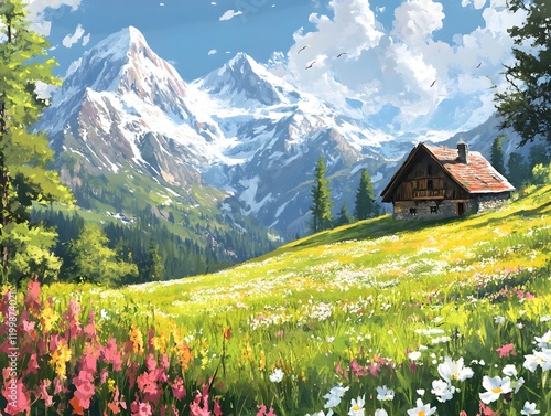 Idyllic mountain landscape in the Alps with blooming flowers