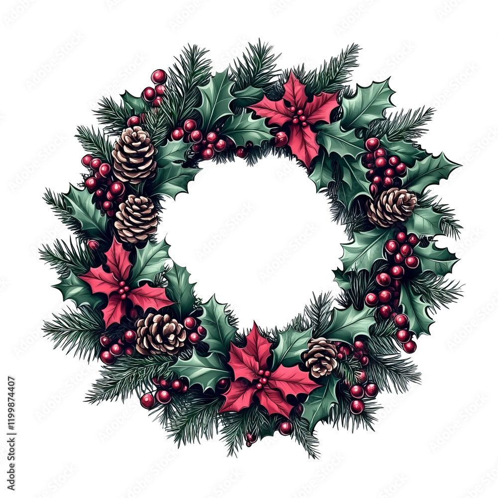 Fototapeta premium Elegant Christmas Wreath Decoration with Holly and Pine Cones
