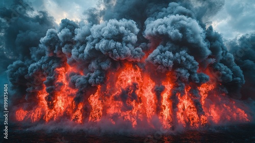 Wallpaper Mural Intense fire and smoke explosion coastal area high-resolution textures dramatic atmosphere wide angle natural disaster imagery Torontodigital.ca