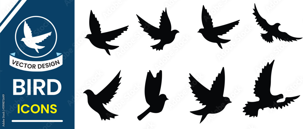 Fototapeta premium Bird silhouette vector set. Set of silhouettes of birds vector sign and symbol. Flying, sitting and swimming bird icon, vector set. Bird symbol for logo, app and web design. Vector illustration.
