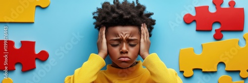 World autism awareness day, April 2. Small child covered his ears with his hands. Mental Health and Disorder Concept photo