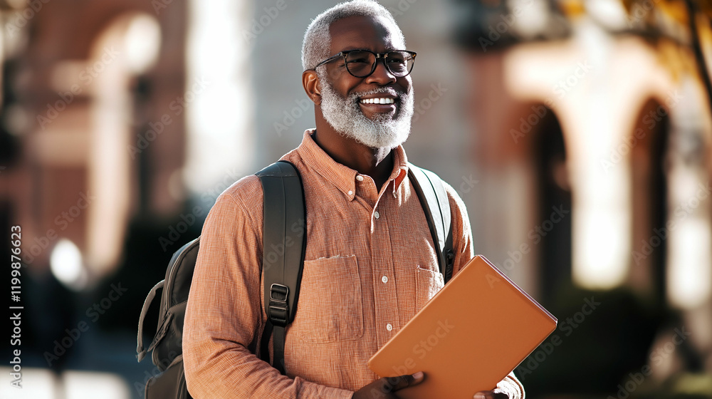 Fototapeta premium Elderly man enjoys a sunny day in the city, showcasing a joyful expression while holding a tablet