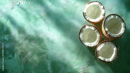 Illustration of a coconut split on a green background