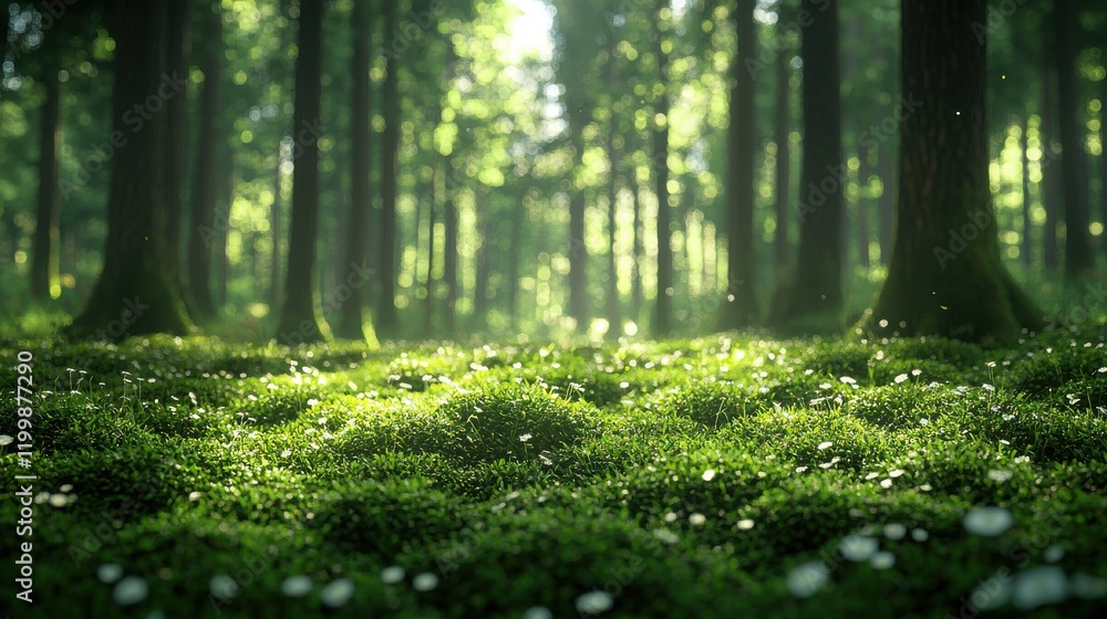 Fototapeta premium Enchanted forest retreat serene nature scene high-resolution textures peaceful environment ground-level viewpoint