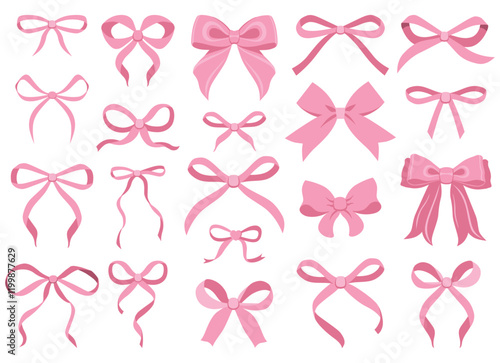 Simple hand drawn pink ribbon bow collection. Bowknot for decoration, big set of bowtie. Large retro ribbon illustration set. Set of various cartoon bow knots, gift ribbons. Valentines day, love sign 