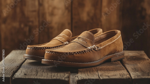 Two brown loafers are sitting on a wooden table photo