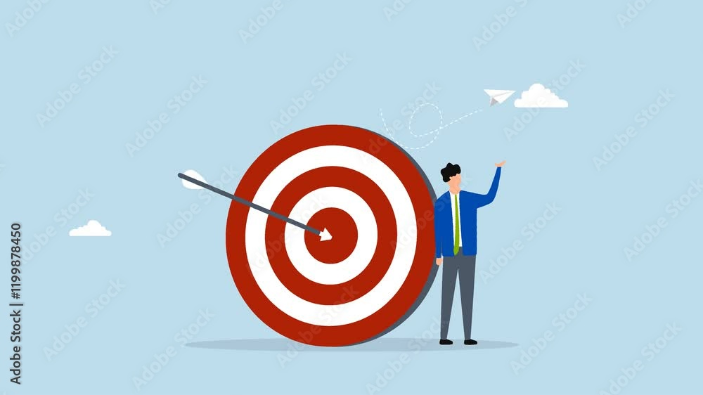 Business objective, 4k animation of assured entrepreneur poses with arrow striking bullseye on archery target. Business objective, 4k animation of assured entrepreneur poses with arrow striking bullseye on archery target.