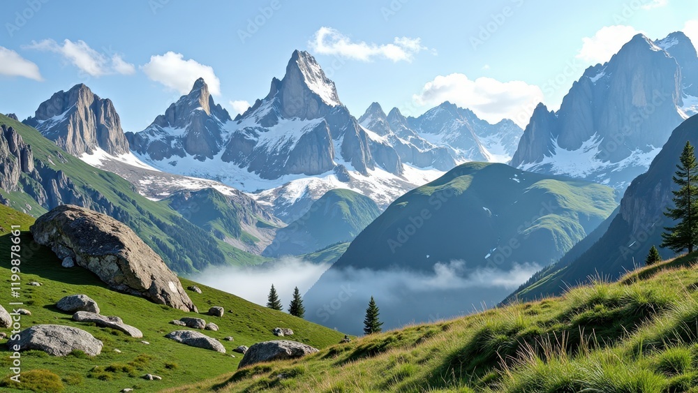 Snow-capped peaks against a backdrop of light blue skies dotted with fluffy white clouds stretch into the distance, their majestic forms bathed in natural beauty. Snow-capped peaks against a backdrop of light blue skies dotted with fluffy white clouds stretch into the distance, their majestic forms bathed in natural beauty.