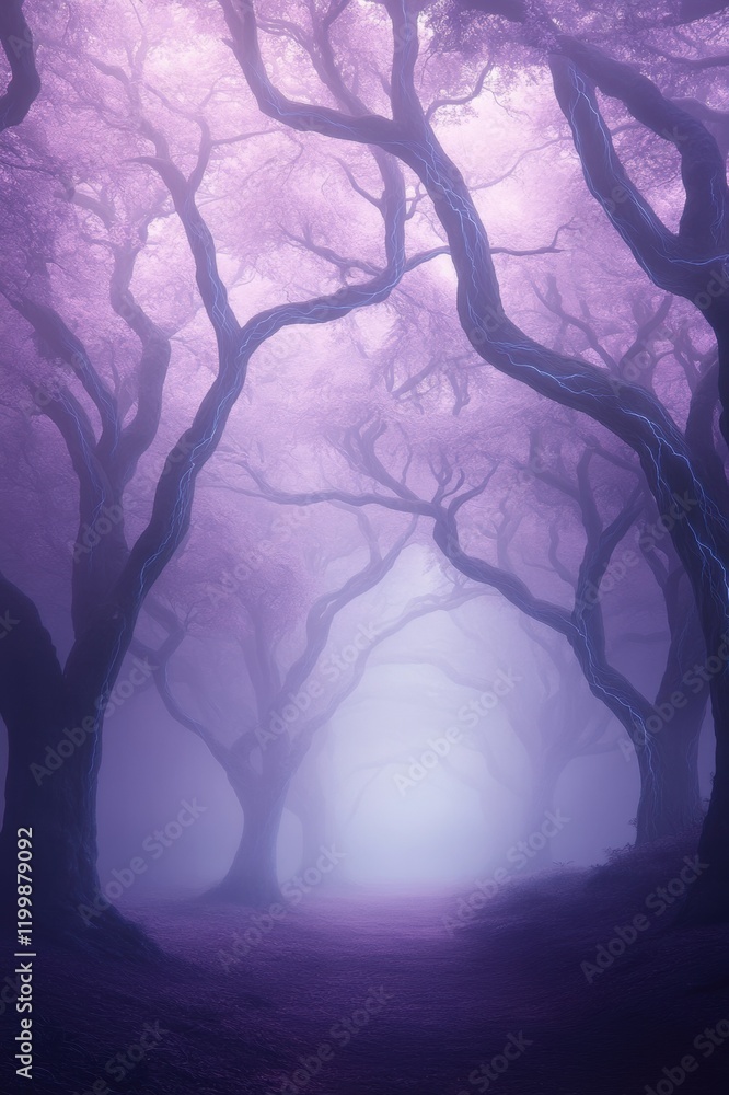 Naklejka premium Enchanting purple forest with twisted trees and mystical atmosphere
