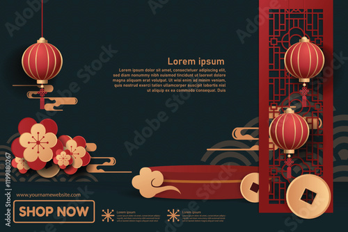 Happy Chinese New Year Illustration with Lanterns and Floral Patterns. Vector Design