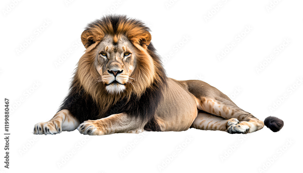 Obraz premium A realistic lion lying on the ground, transparent background PNG