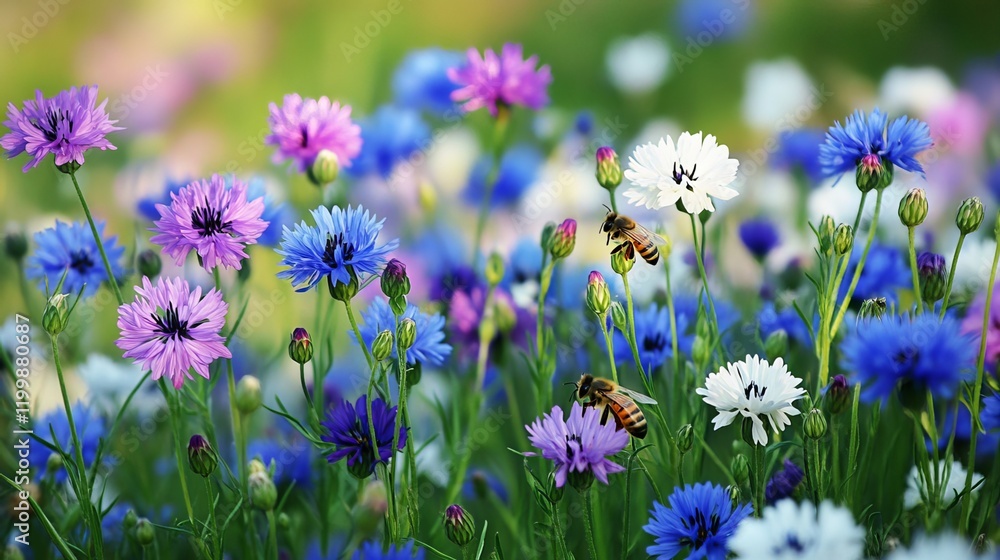Honey bees feed on the abundantly-produced nectar of cornflowers, a plant that blossoms in brilliant colors of blue, purple, and white Honey bees feed on the abundantly-produced nectar of cornflowers, a plant that blossoms in brilliant colors of blue, purple, and white