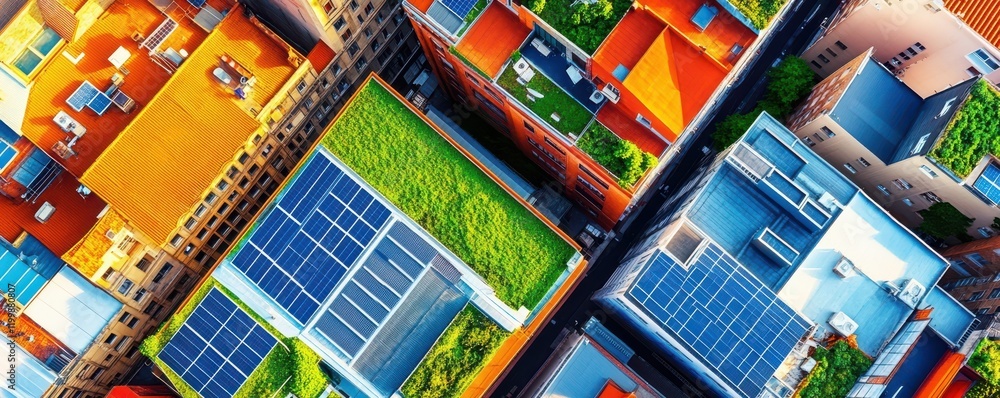 Obraz premium Aerial view of colorful buildings with solar panels on rooftops.